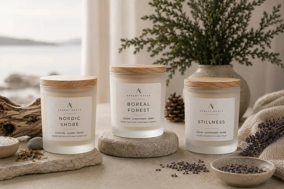 Three lit candles in matte white jars labeled Nordic Smoke, Boreal Forest, and Stillness, arranged on a wooden tray with pinecones, dried lavender, and greenery in the background.