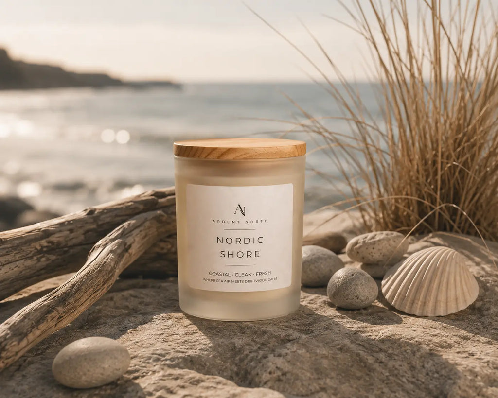 A jar candle labelled 'Nordic Shore' by Ardent North sits on a sandy beach with driftwood, seashells, and tall beach grass in the background.