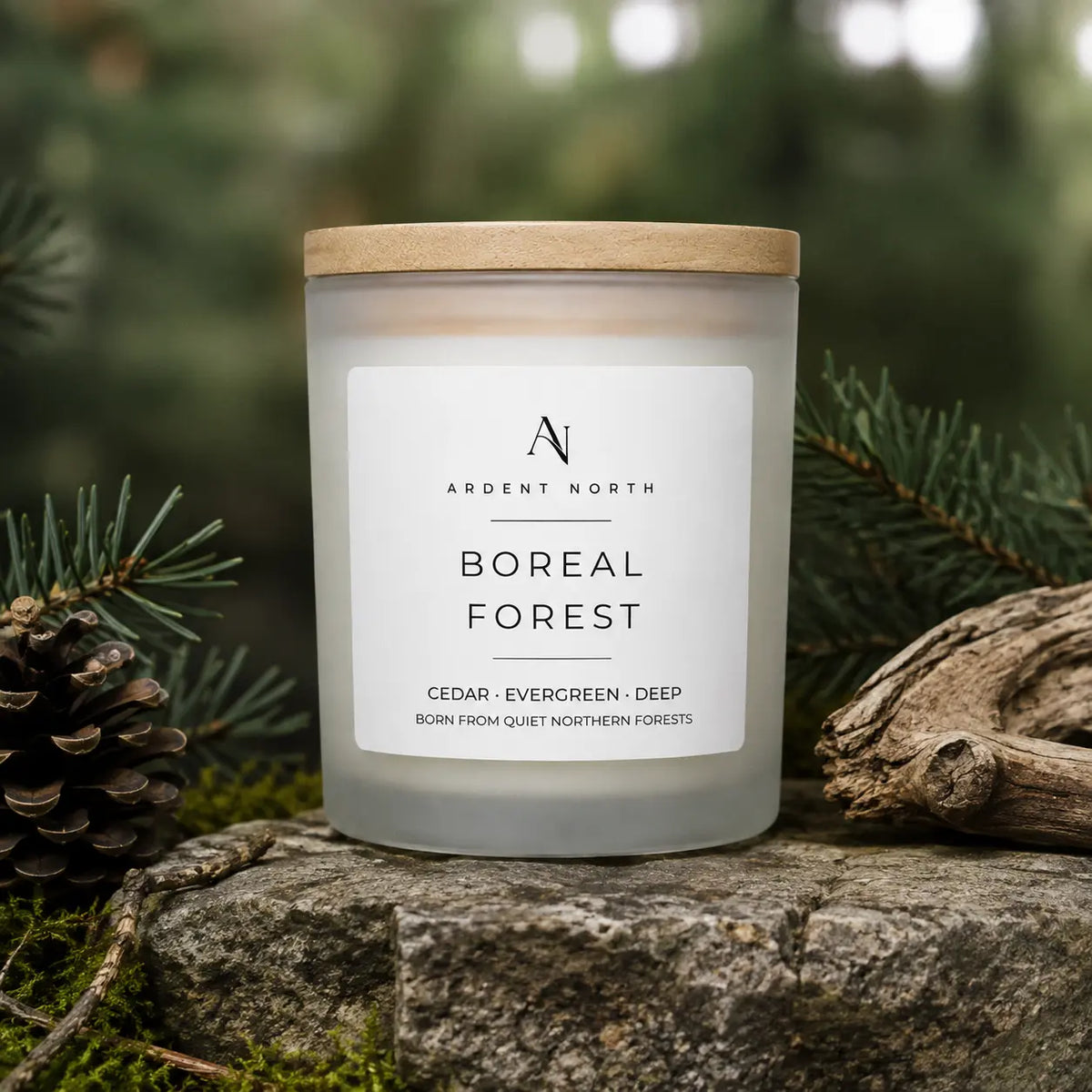 A frosted glass candle jar with a light wood lid sits on a stone outdoors, surrounded by pine branches, moss, and driftwood. The front label reads Ardent North Boreal Forest.