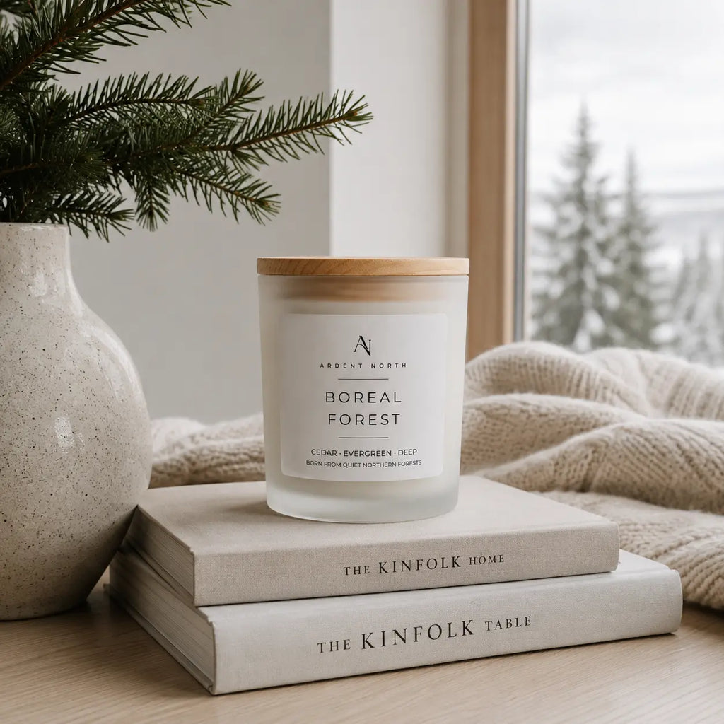 A frosted glass candle jar with a light wood lid sits on stacked neutral books on a wooden table, with a knit blanket, a vase with pine branches, and a softly blurred window view in the background. The label reads Ardent North and Boreal Forest.
