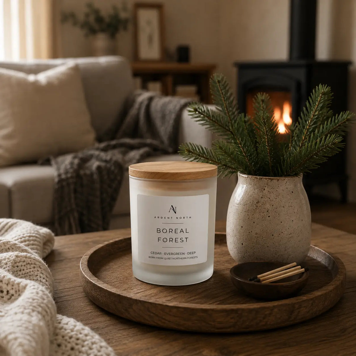 A frosted glass jar candle with a light wood lid sits on a round wooden tray on a table in a cosy living room. Next to it is a speckled ceramic vase with green pine branches and a small bowl of wooden matches.