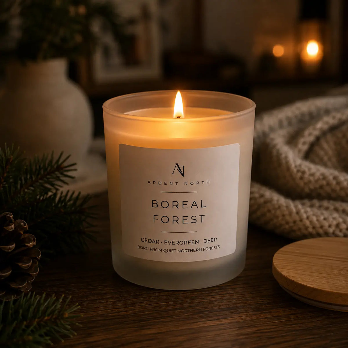 A lit scented candle in a frosted glass jar sits on a wooden surface in a cosy indoor setting. The label reads 'Ardent North Boreal Forest' with 'Cedar • Evergreen • Deep' beneath it.