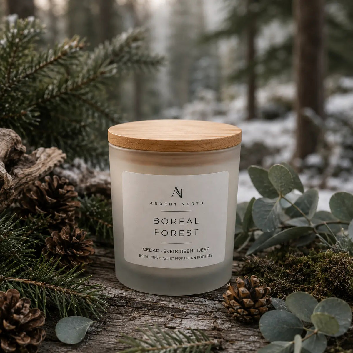 A frosted glass candle jar with a light wood lid sits outdoors on a log surrounded by pine branches, pinecones, and eucalyptus leaves. The front label reads 'Ardent North Boreal Forest'.