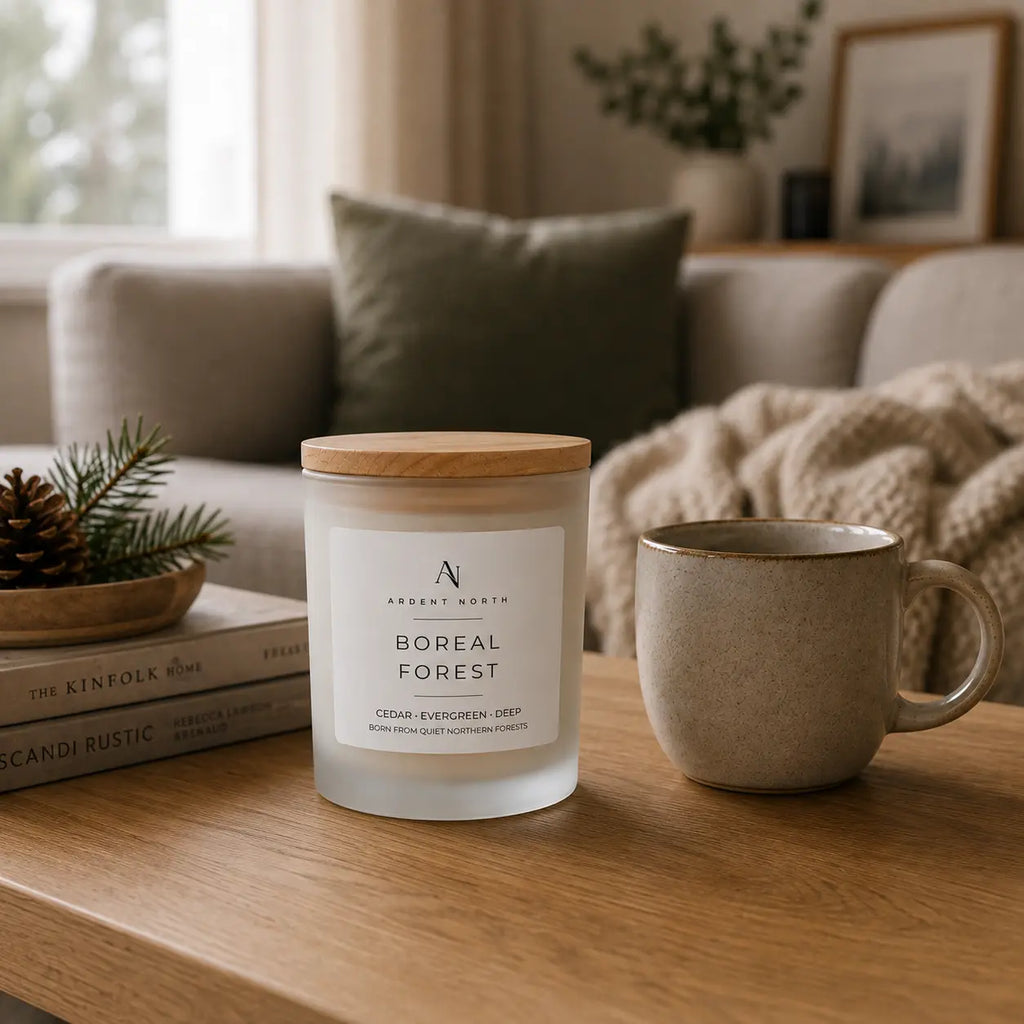 A frosted glass candle jar with a light wood lid sits on a wooden table beside a ceramic mug in a cosy living room setting. The candle label reads 'Ardent North Boreal Forest'.