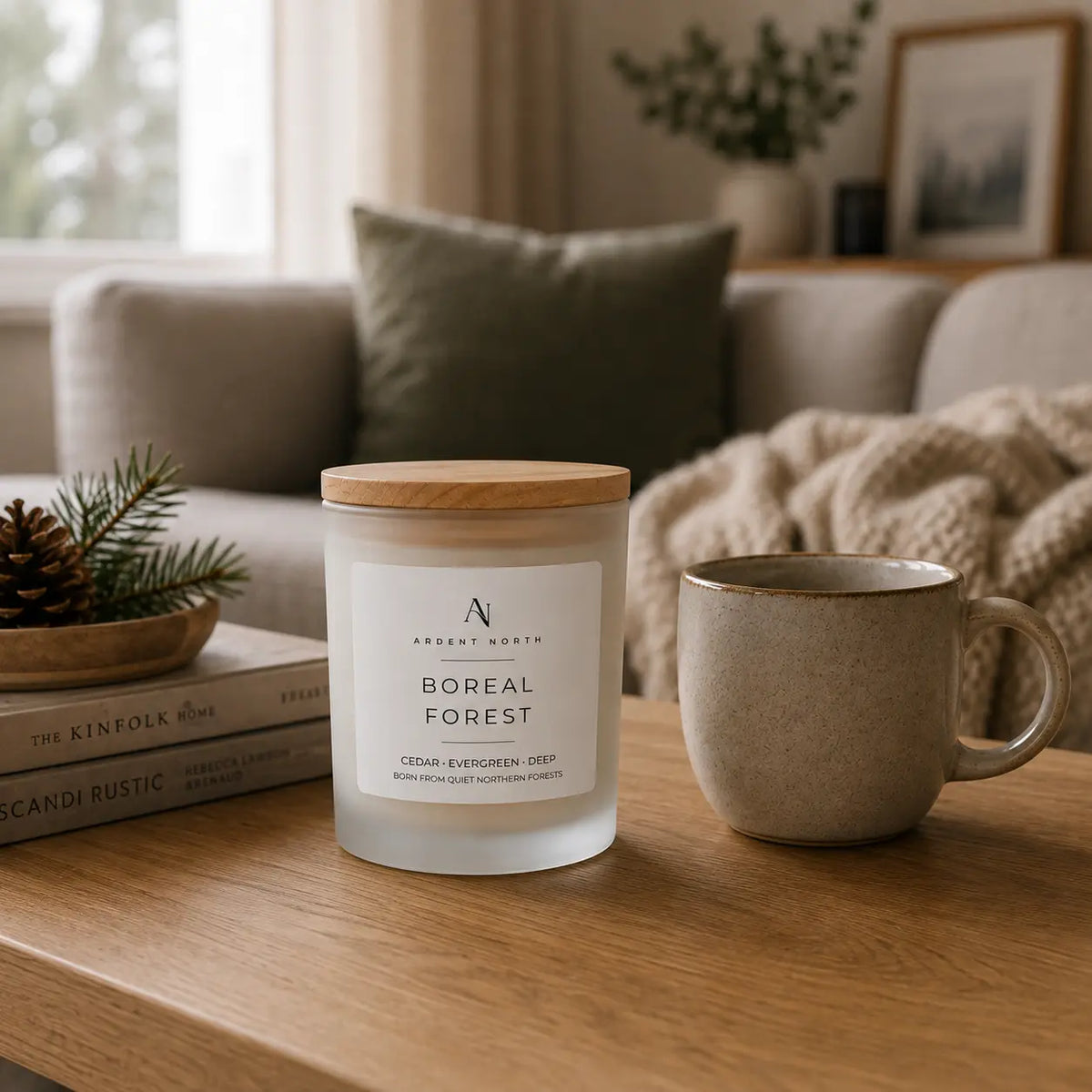 A frosted glass candle jar with a light wood lid sits on a wooden table beside a ceramic mug in a cosy living room setting. The candle label reads 'Ardent North Boreal Forest'.