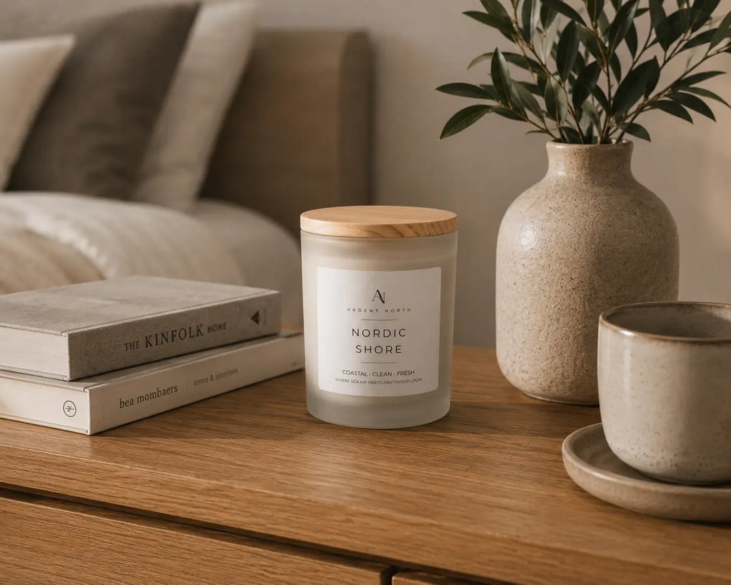 A jar candle labelled 'Nordic Shore' by Ardent North sits on a wooden table in a cosy living room setting, styled with books, a ceramic vase with greenery, and a matching cup.