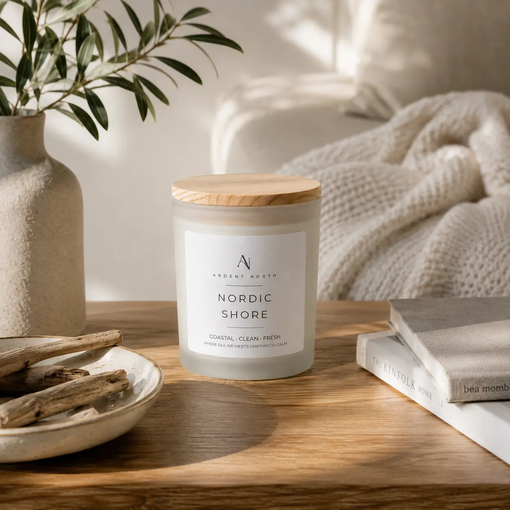 A frosted glass jar candle with a light wood lid sits on a wooden table. The label reads 'Nordic Shore' by 'Ardent North'.