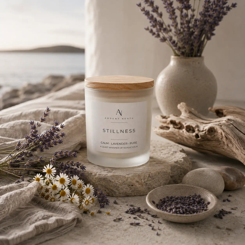 A frosted glass candle jar with a light wood lid sits on a stone slab in a styled outdoor setting with lavender, dried flowers, a small dish of lavender, and a vase in the background.